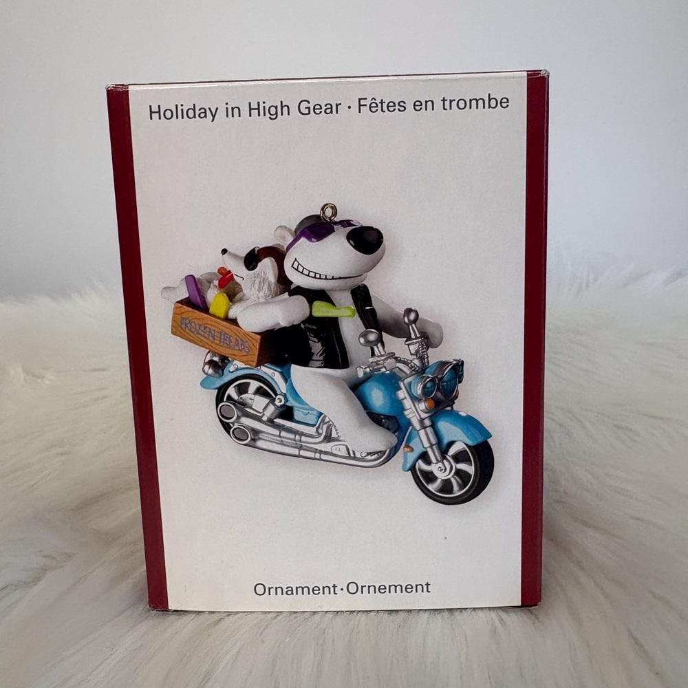 Holiday in High Gear Ornament - Blue and White Polar Bear/Dog on a Motorcycle